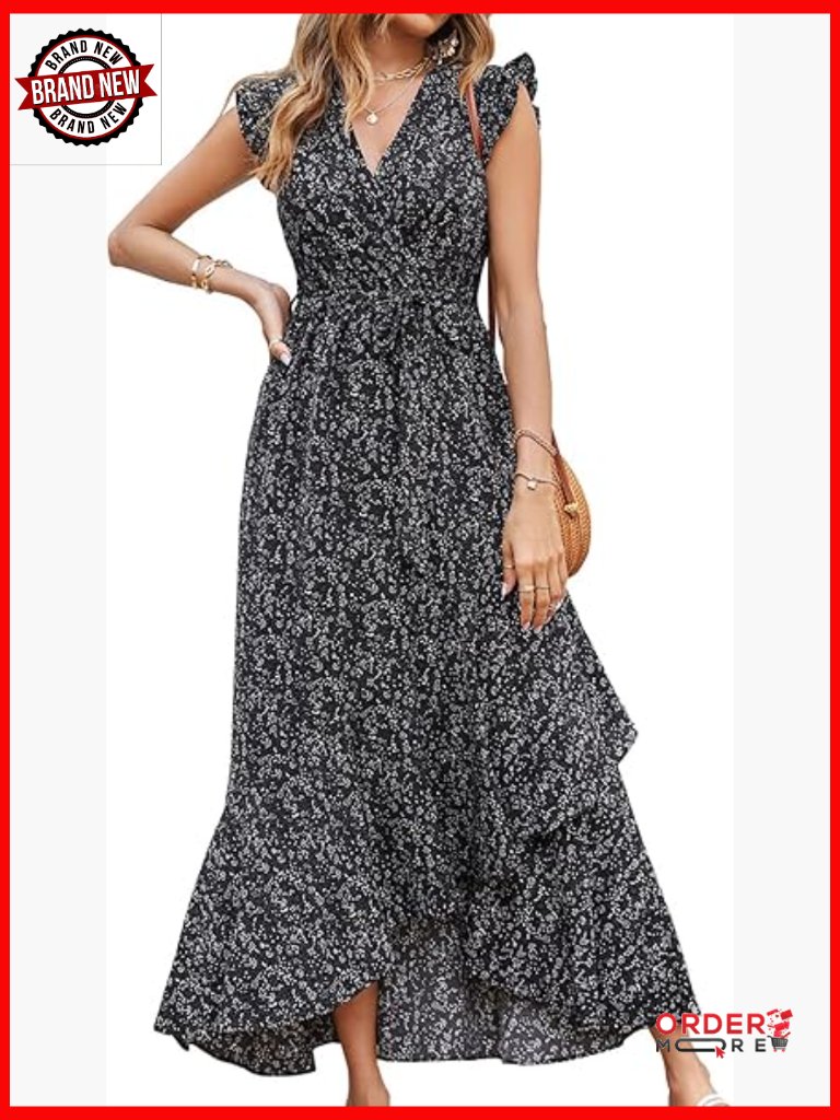 Womens Boho Maxi Dress Floral Ruffle Sleeve V Neck Wrap Beach Wedding Guest